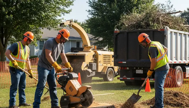Cherry Hill, NJ tree service crew removing a stump with professional equipment