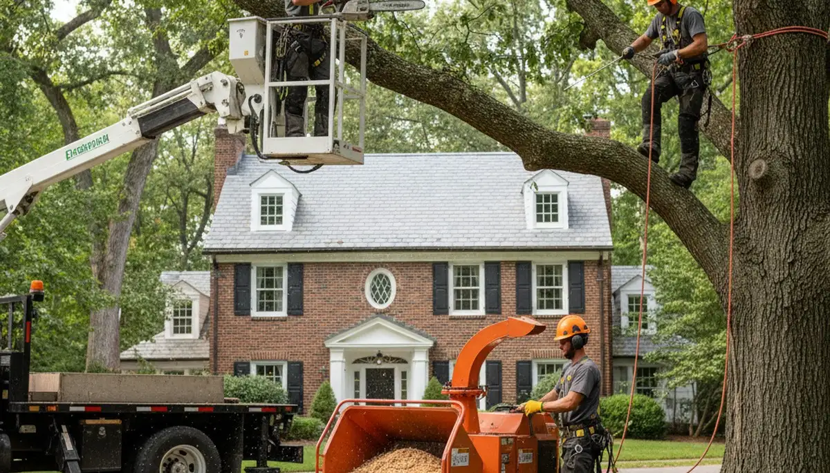 Tree service crew in Cherry Hill, NJ performing professional tree care and removal for a local property