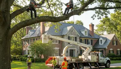 Tree service crew in Cherry Hill, NJ, trimming and removing trees for safe property maintenance