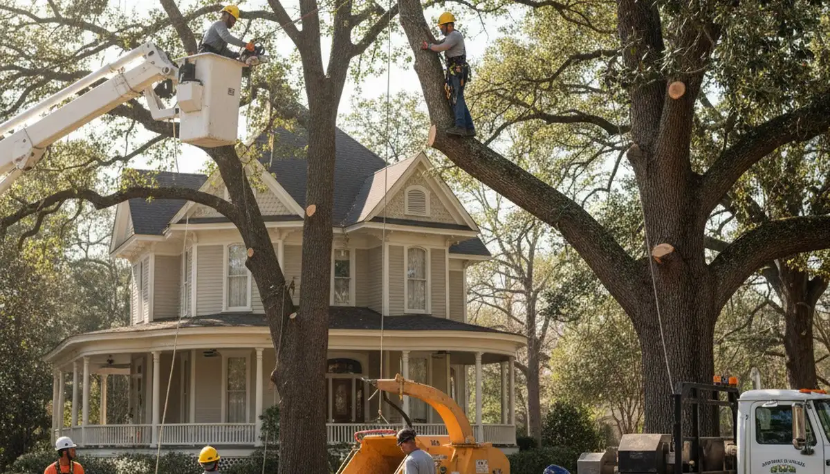 Tree service crew in Cherry Hill, NJ trimming and removing a tree for residential property maintenance