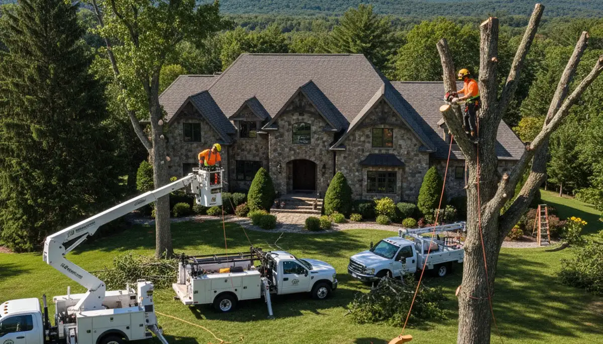 Tree service crew in Cherry Hill, NJ performing professional tree trimming and removal near a home